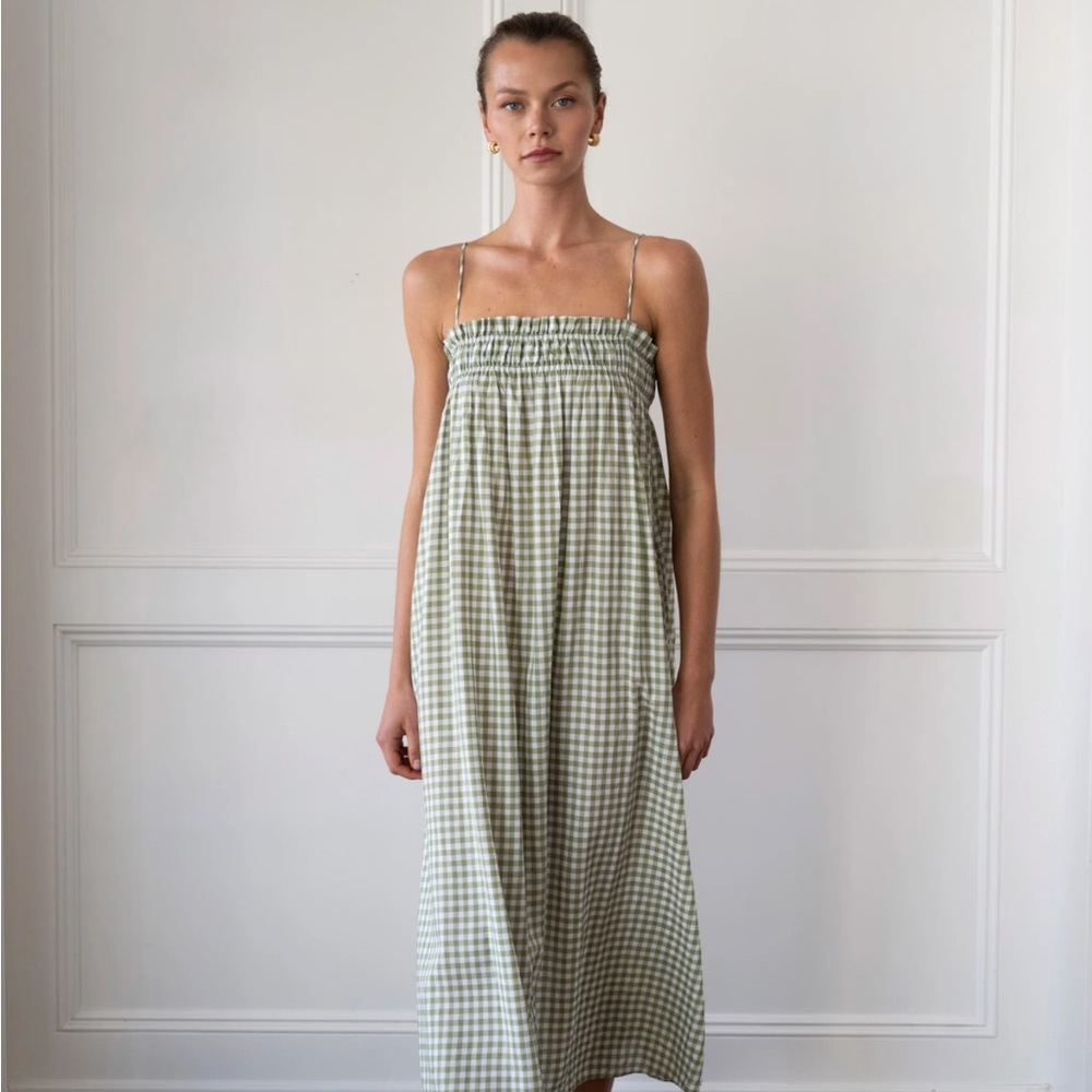 Smocked Gingham Midi Dress in Sage Green